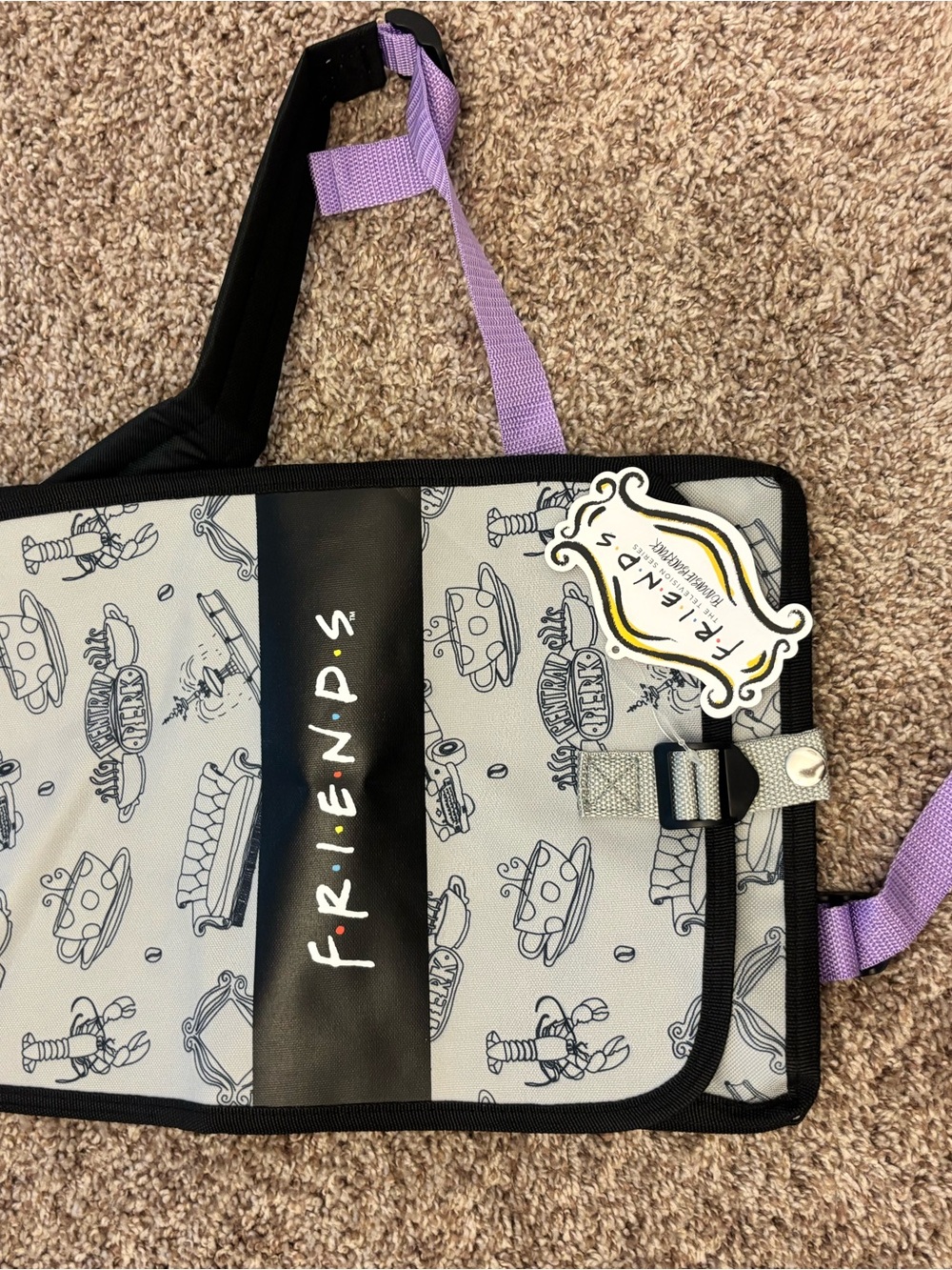 FRIENDS Gray & Black Patterned Backpack with Lavender Straps
